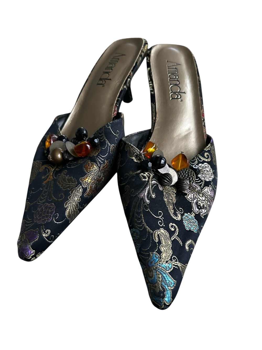 Vintage 1990s Amanda Black Brocade Pointed-Toe Beaded Mules